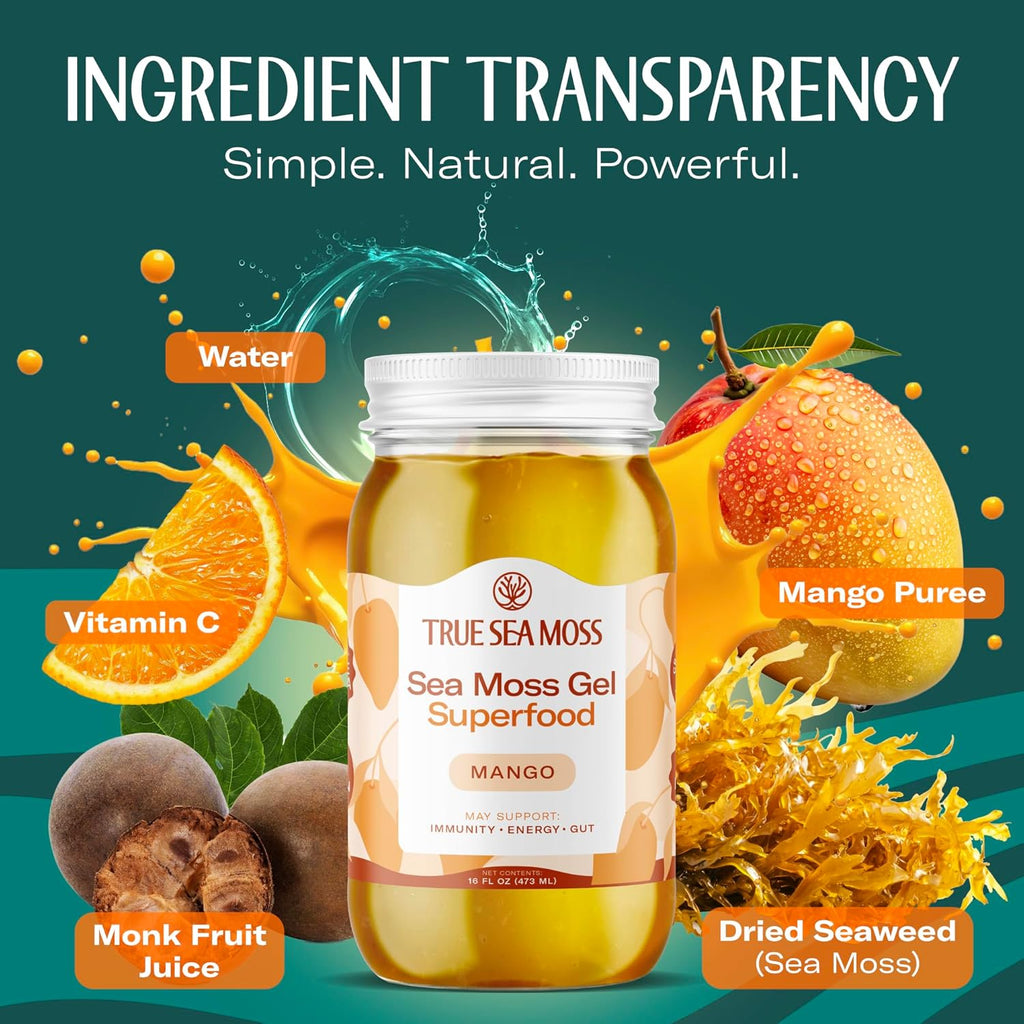 TrueSeaMoss Sea Moss Gel – Made in USA – Wildcrafted Seamoss, Fresh Fruits & Sea Vegetables – Mango, Pack of 1 (Labels May Vary)