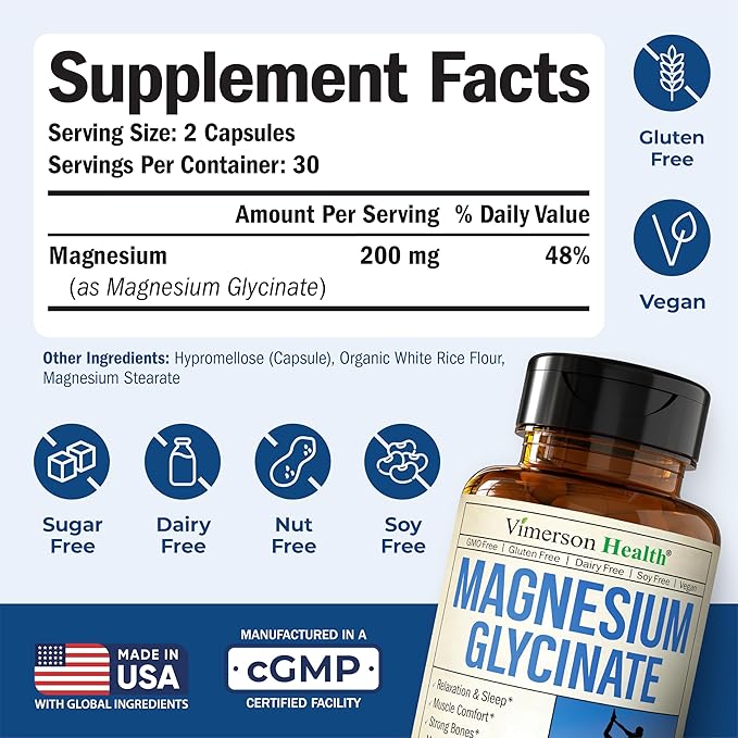 Pure Magnesium Glycinate 200mg (Glicinato de Magnesio) – Chelated Magnesium Supplement for Sleep, Relaxation, Muscle & Women’s Wellness – Better Absorbed Than Citrate or Oxide – 60 Vegan Capsules