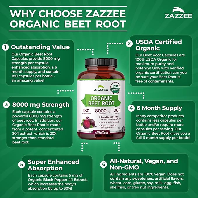 Zazzee USDA Organic Beet Root 8000 mg Strength 20:1 Extract, 180 Vegan Quick Release Capsules, Kosher, Supports Nitric Oxide Production, Black Pepper Extract for Enhanced Absorption, Made in The USA