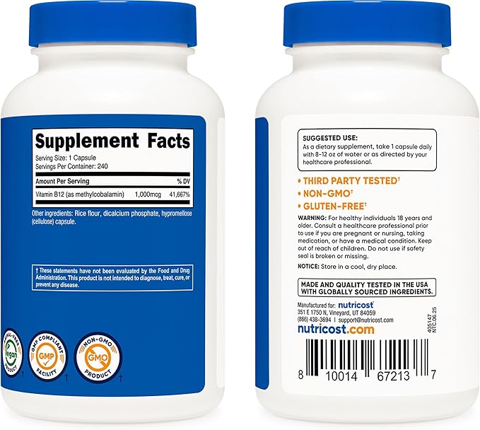 Nutricost Vitamin B12 (Methylcobalamin) 1000mcg, 240 Capsules - Vegetarian, Non-GMO & Gluten Free B12 Supplement
