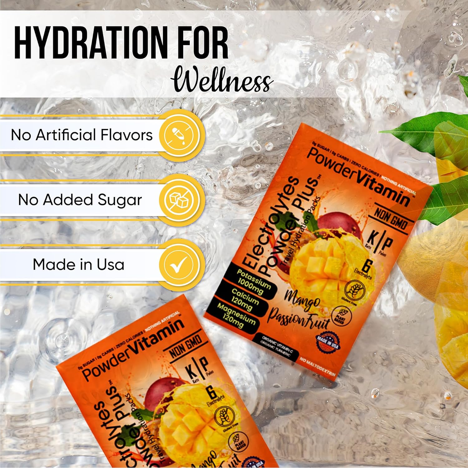 PowderVitamin Electrolytes Powder Plus, Keto, Mango Passionfruit, Sugar Free, 1000mg Potassium, 120mg Calcium, 120mg Magnesium, Non-GMO, Zero Calories, 30 Hydration Packets