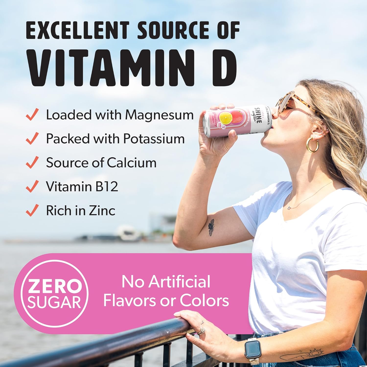 ShineWater Vitamin D Hydration Electrolyte Drink - Flavored water with electrolytes, Sugar-Free, Magnesium, Zinc, Vitamin B12, Plant-Based, Low Calorie - Strawberry Lemon Fruit Water 12 Pack