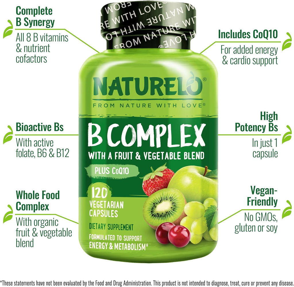 NATURELO Vitamin B Complex with Methyl B12, Methyl Folate, Vitamin B6, Biotin Plus Choline, CoQ10, and Fruit & Vegetable Blend - Supports Energy & Healthy Stress Response - Vegan - 120 Capsules