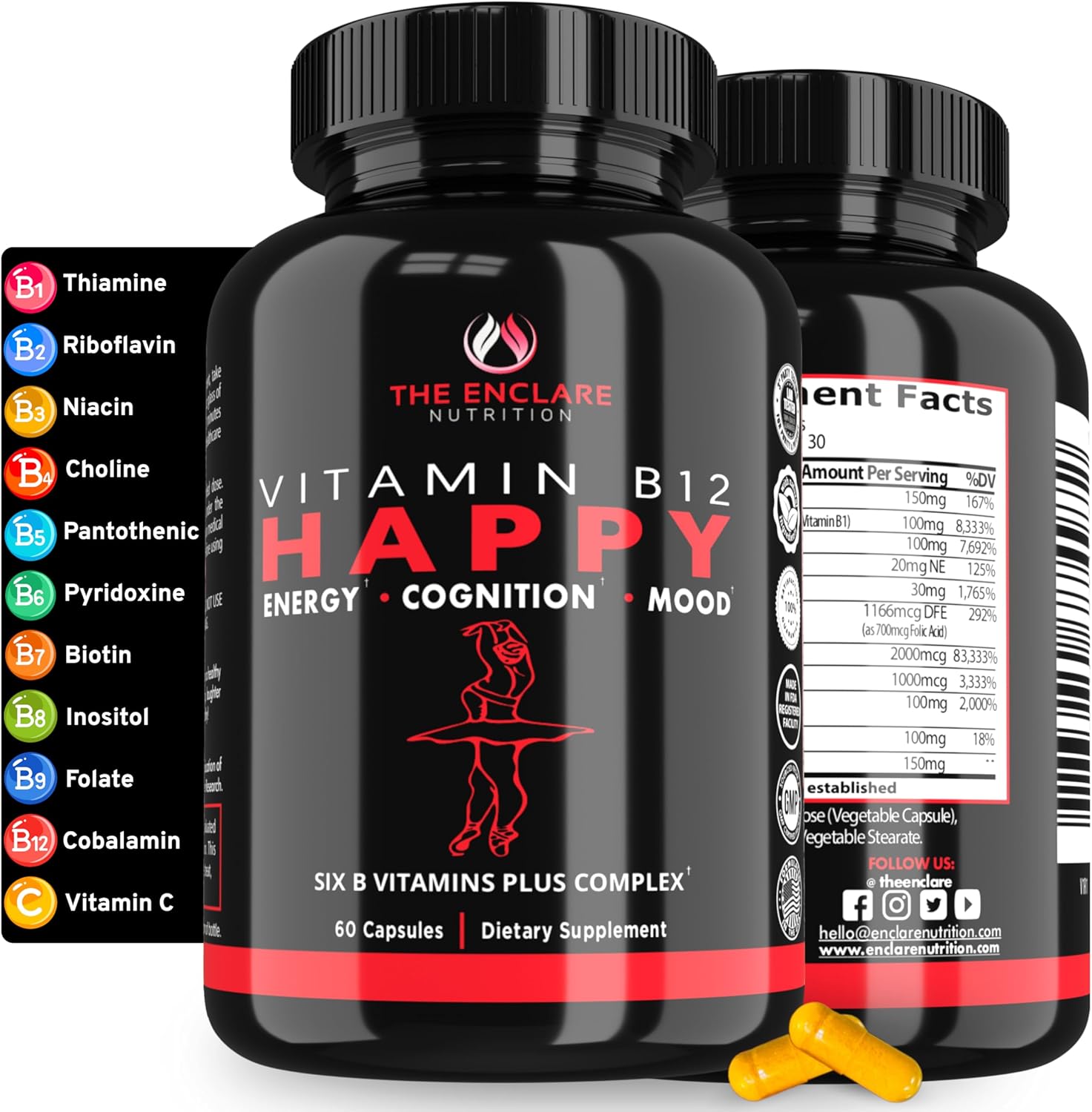 THE ENCLARE NUTRITION Vitamin B12 - Vitamin B Complex with Vitamin C, Biotin, Inositol, Folic Acid, B Vitamins, B1, B2, B3, B4, B5, B6, B7, B8, B9. Brain, Heart, Immune Support, Energy Supplements (1)