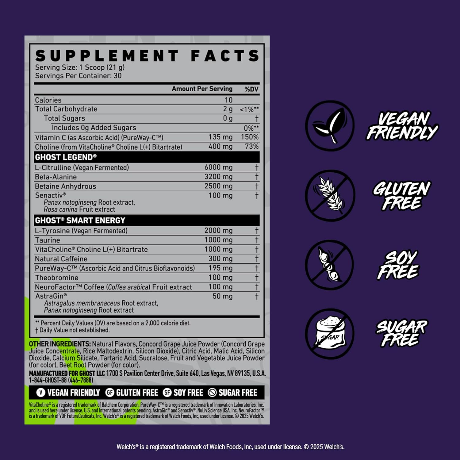 GHOST Legend Pre-Workout Powder, Welch's Grape - 30 Servings – Pre-Workout for Men & Women with Choline, L-Citrulline, & Beta Alanine for Energy & Focus
