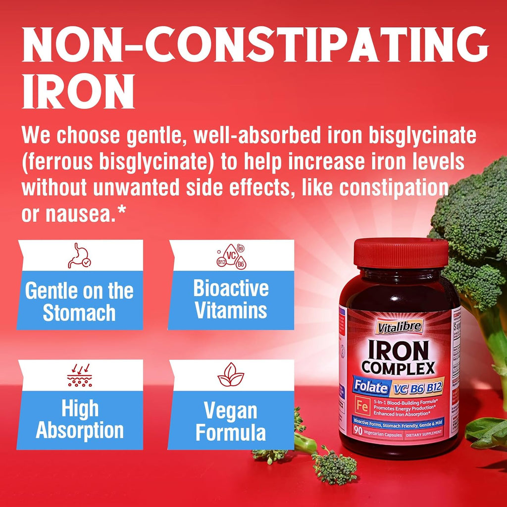 Iron Supplement for Women & Men, with Vitamins C, B6, B12 & Folate for Iron Deficiency, Blood Building & Energy Support, Stomach Friendly, Better Absorption, Non-GMO, No Gluten, 90 Vegan Caps