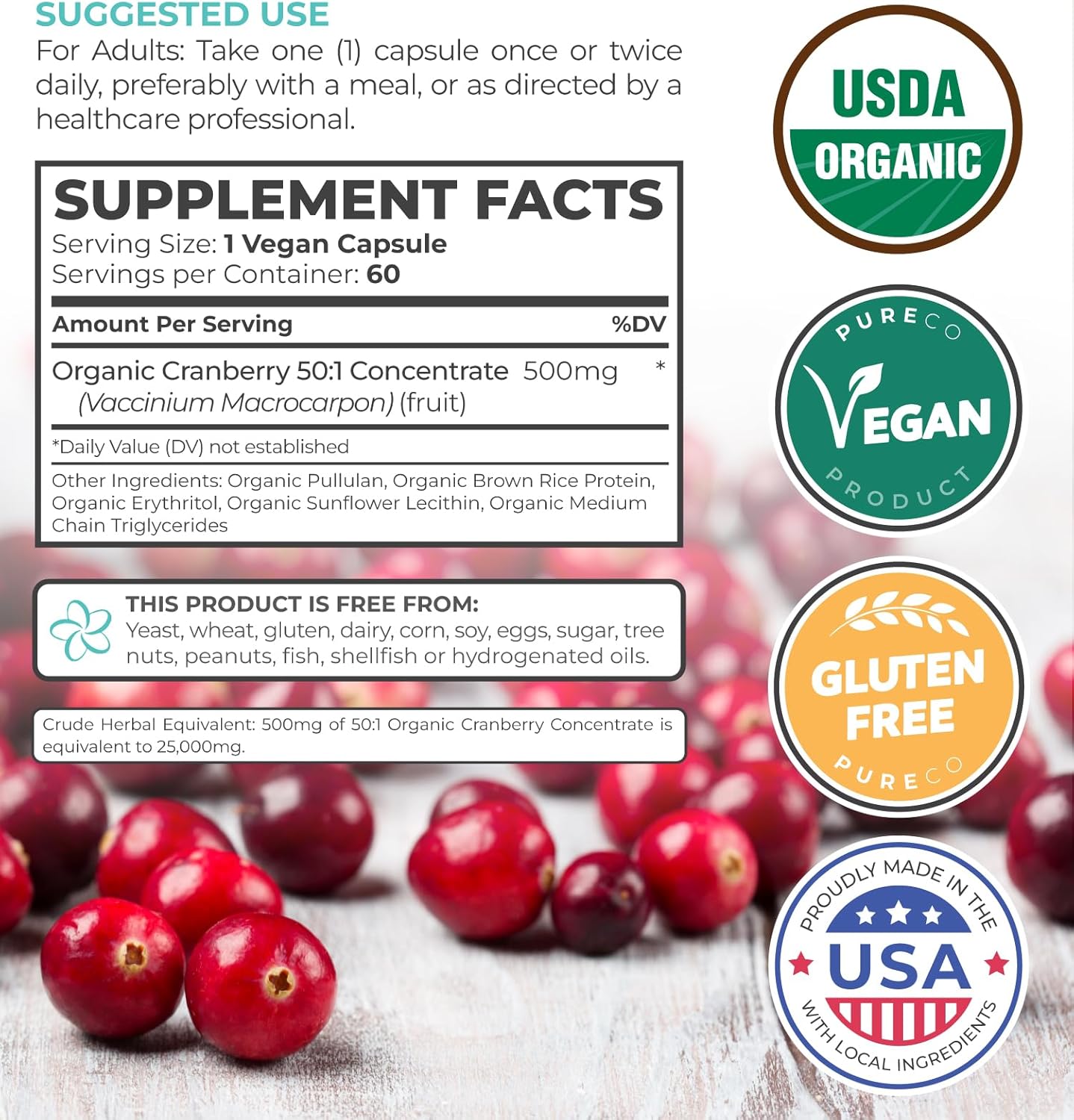Organic Cranberry Pills - 50:1 Concentrate Equals 25,000mg of Fresh Cranberries (Vegan) for Urinary Tract Health & Kidney Cleanse - Cranberry Pills for Women - UTI Support Supplement - 60 Capsules