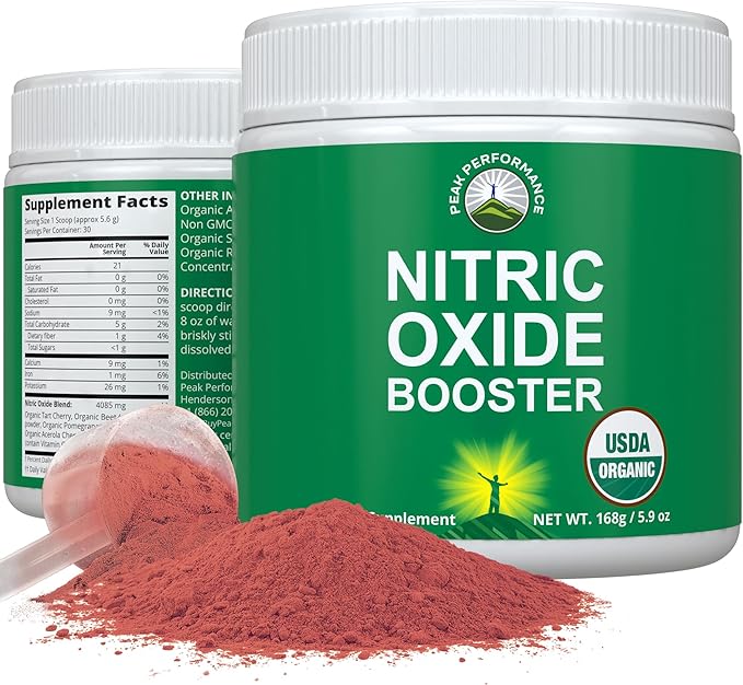 USDA Organic Plant Based Nitric Oxide Booster Powder Supplement For Men & Women. Caffeine Free Supplements 5 Top Organic Ingredients. Beet Root, Tart Cherry, Acerola Cherry, Pomegranate, Red Ginseng
