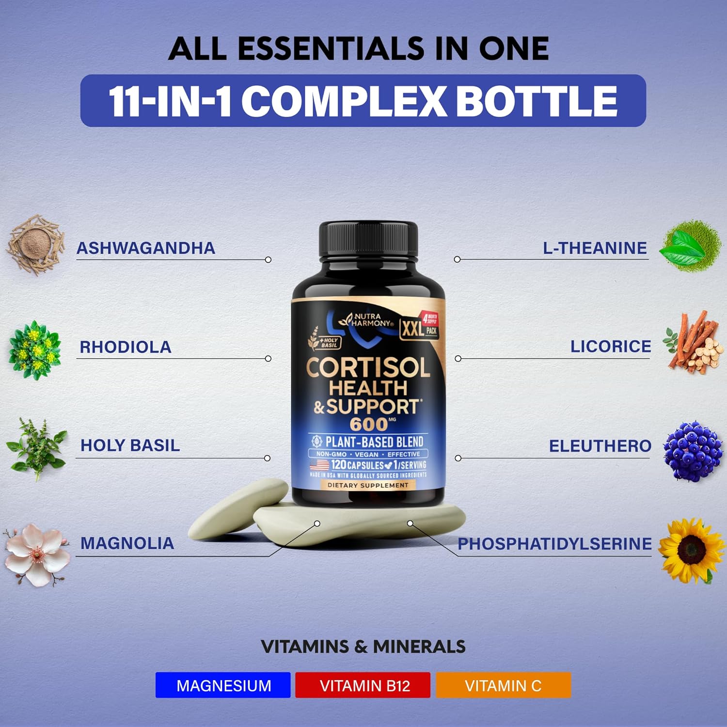 Cortisol Supplement for Women - Holy Basil | Ashwagandha | Rhodiola | L-Theanine - Plant-Based Hormone Balance - Mood, Focus & Sleep Support - Made in USA - Vegan, Non-GMO - 120 Capsules for 4 Months