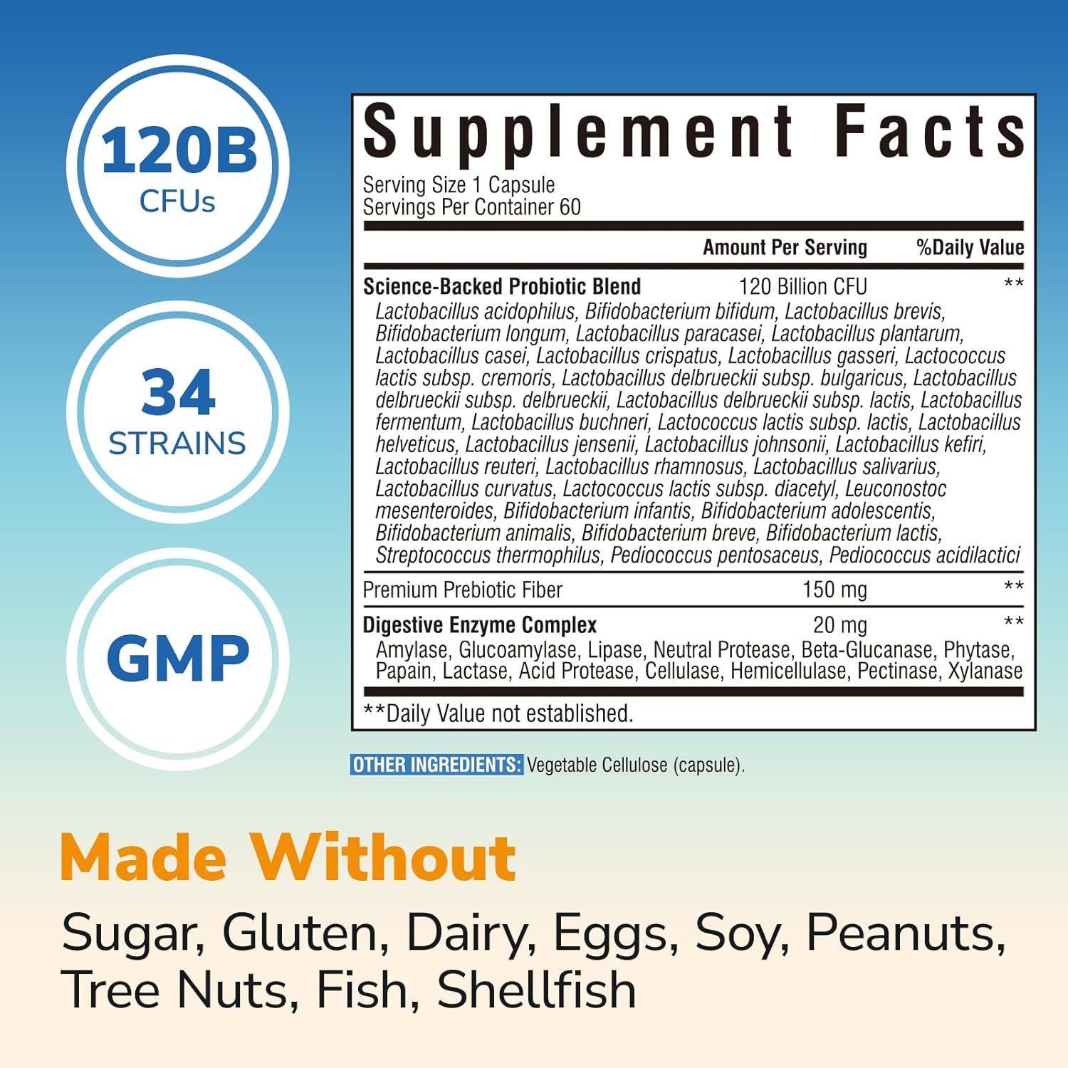 Probiotics for Women and Men, 120 Billion CFU 34 Strains, with Digestive Enzymes & Prebiotics, No Gluten, Gut Health, Digestive Health, Bloat Relief, 60 Veggie Caps