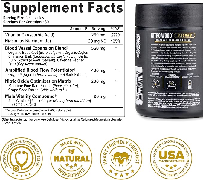 InnoSupps Nitro Wood Magnum - Supports Healthy Blood Flow & Natural Immune Support - Male Enhancing Supplement & Nitric Oxide Supplements for Men (60 Vegetarian Capsules)