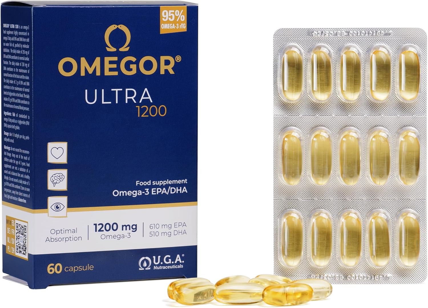 OMEGOR Omega 3 Fish Oil 1200mg Ultra - 610mg EPA and 510 DHA Omega3 IFOS Certified - High Bioavailability and No Aftertaste (60 Caps)