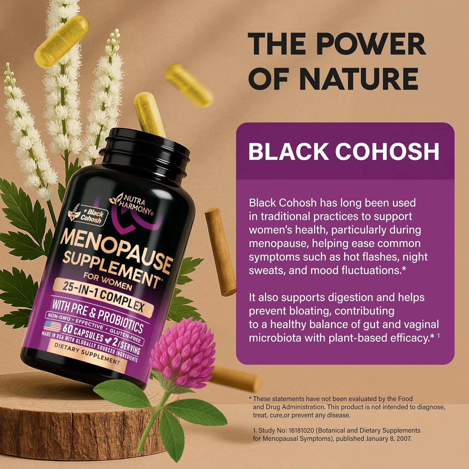 Menopause Supplements for Women - Dong Quai, Black Cohosh, Pre & Probiotics - Sweats & Hot Flashes Relief - Digestion, Sleep & Mood Support - 25-in-1 Perimenopause Complex - Made in USA - 60 Capsules