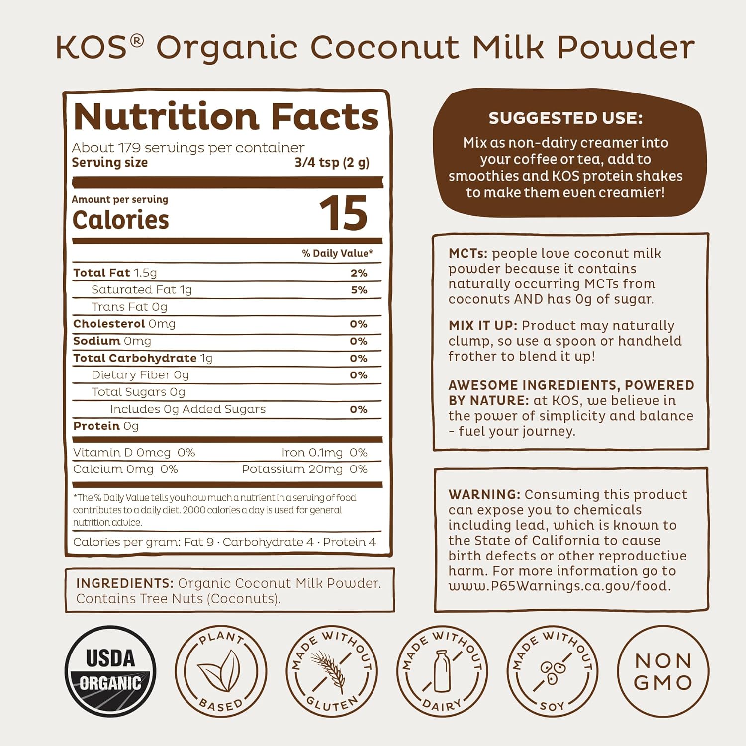 KOS Organic Coconut Milk Powder, USDA Certified Organic - 0g Sugar, MCT Plant Based Creamer for Coffee, Smoothies, Vegan, Keto, Paleo Friendly, Non-GMO, Gluten or Dairy- 12.6oz, 179 Servings