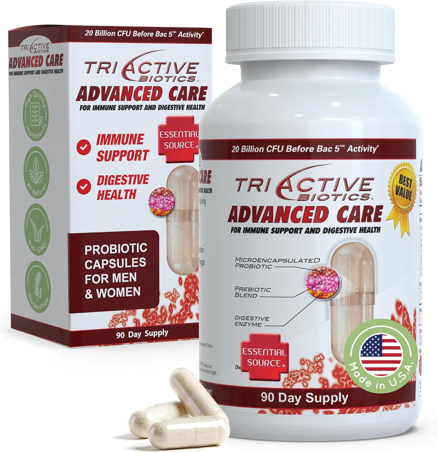 TriActive Biotics Advanced Care - 20 Billion CFU Probiotics for Digestive Health, Immune Support Supplement, Microencapsulated Probiotics for Women & Men, 90 Ct Capsules