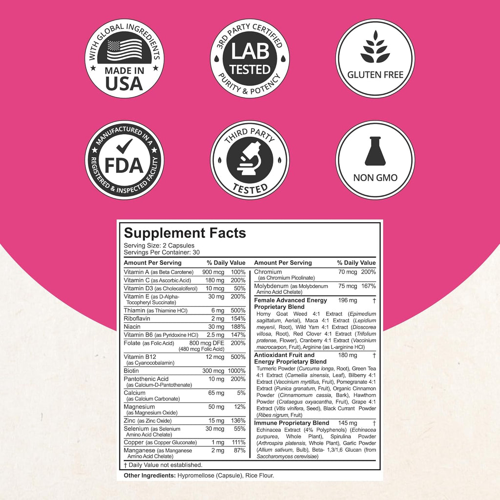 Multivitamin for Women with 39 Key Nutrients, Essential Vitamins, Minerals, Horny Goat Weed, Maca, Wild Yam, Red Clover, Cranberry, Arginine, Herbal Supplement | 60 Vegan Capsules | 1 Month Supply