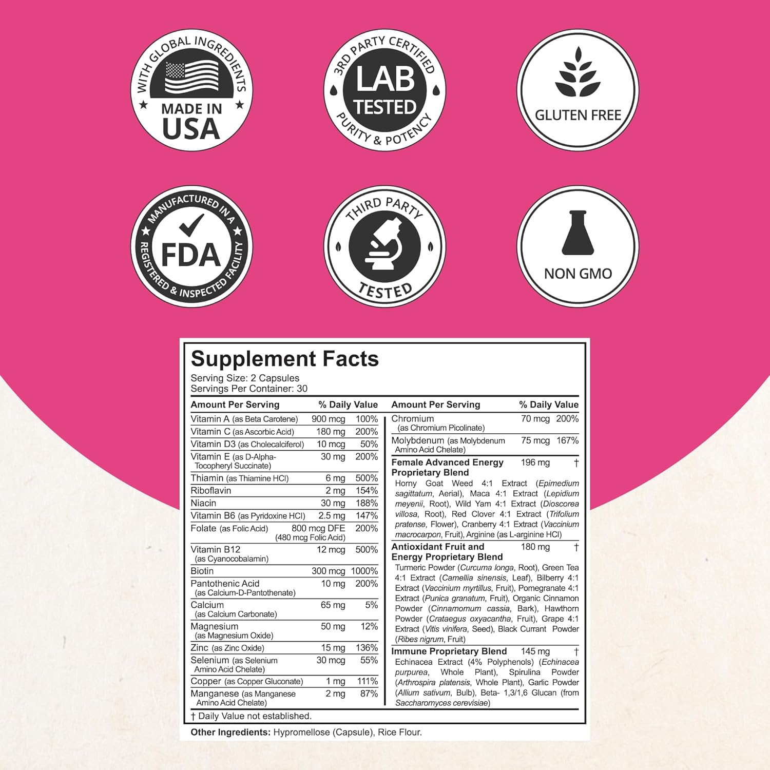 Multivitamin for Women with 39 Key Nutrients, Essential Vitamins, Minerals, Horny Goat Weed, Maca, Wild Yam, Red Clover, Cranberry, Arginine, Herbal Supplement | 60 Vegan Capsules | 1 Month Supply