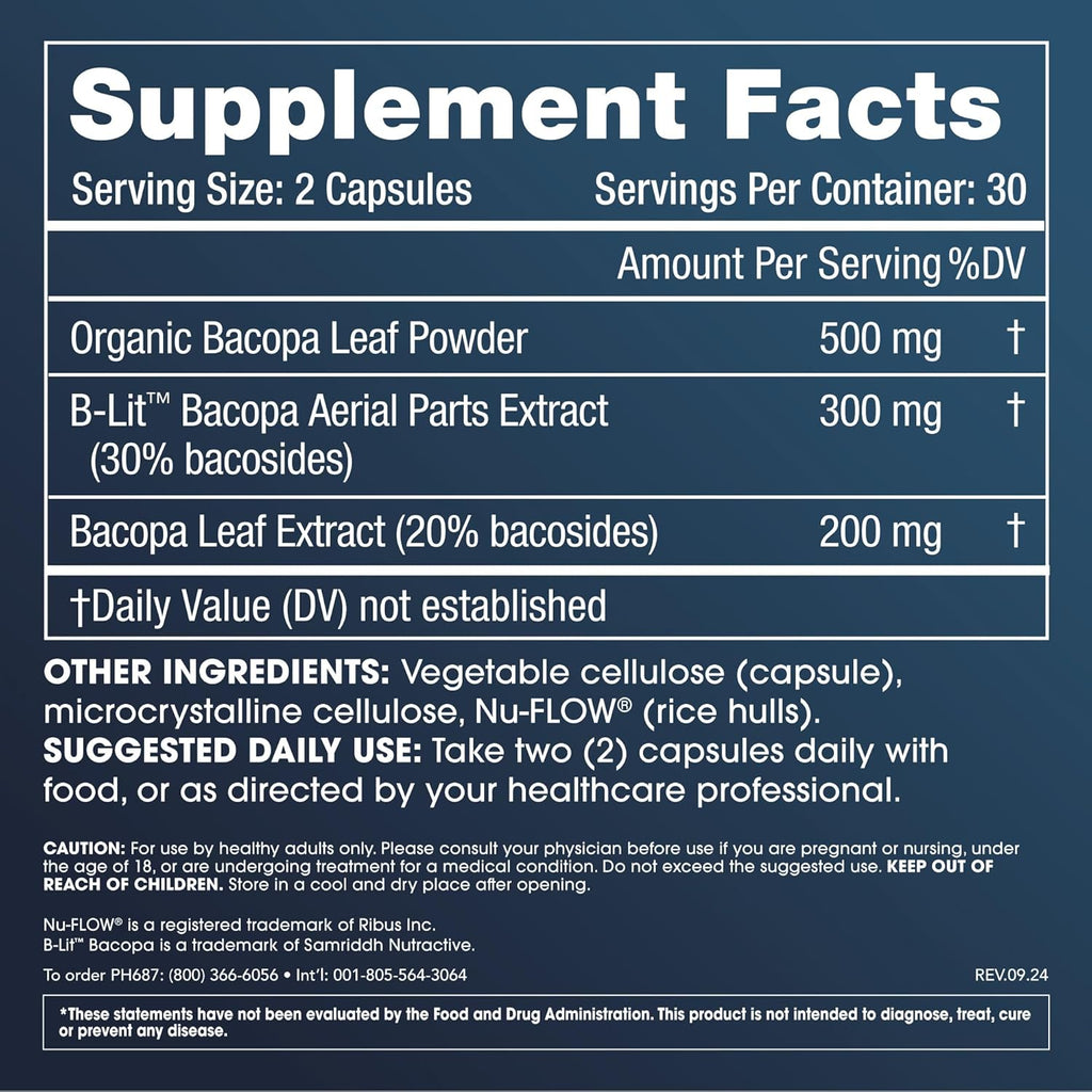 ProHealth Full Spectrum Bacopa Supplement | 1000mg High Potency Formula | Triple Lab Tested for Purity & Quality | 60 Vegetable Capsules for Memory Support, Focus, Stress Relief & Cognitive Health