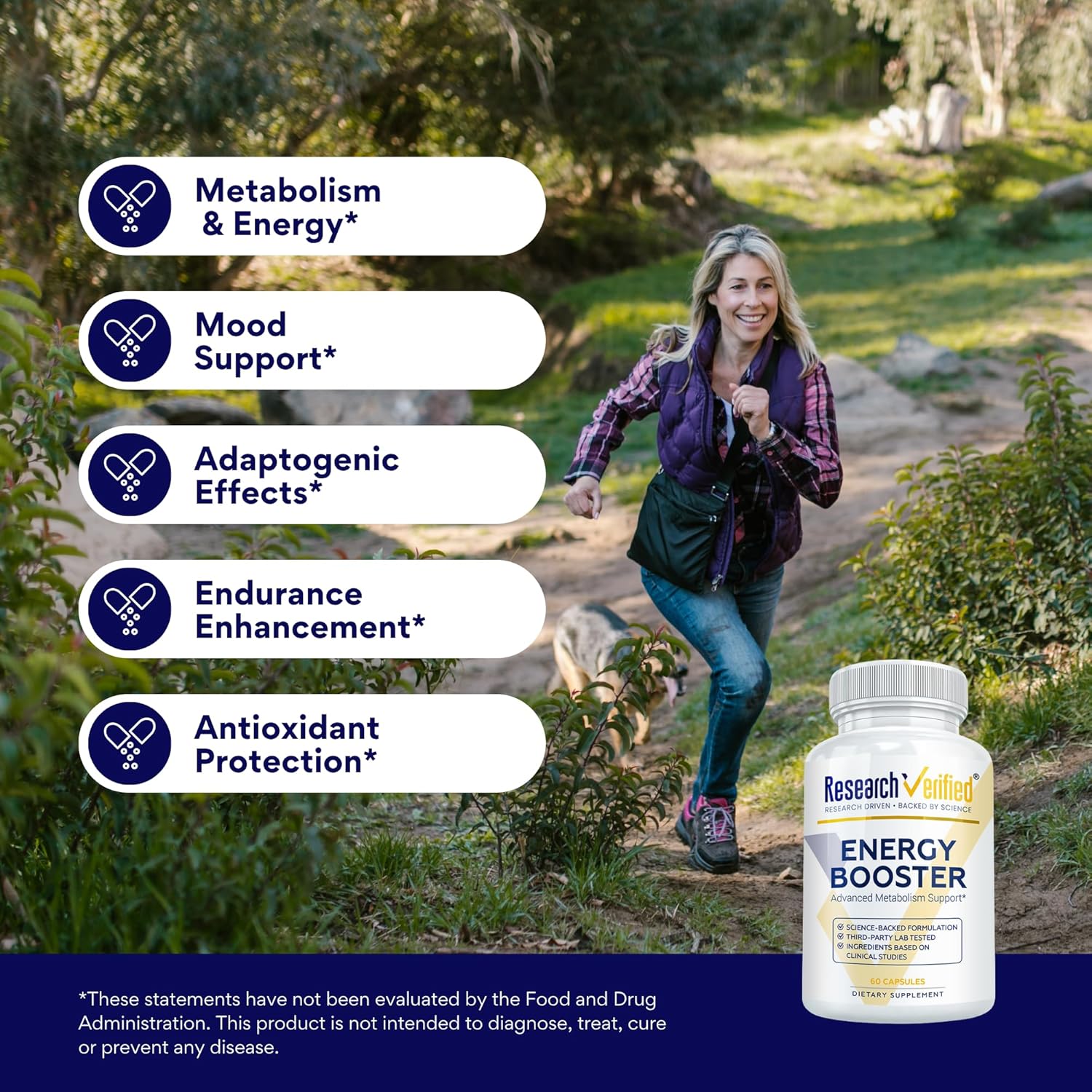 Research Verified Energy Booster - 180 Capsules - Caffeine Free - B Vitamins and Adaptogens - 3 Month Supply