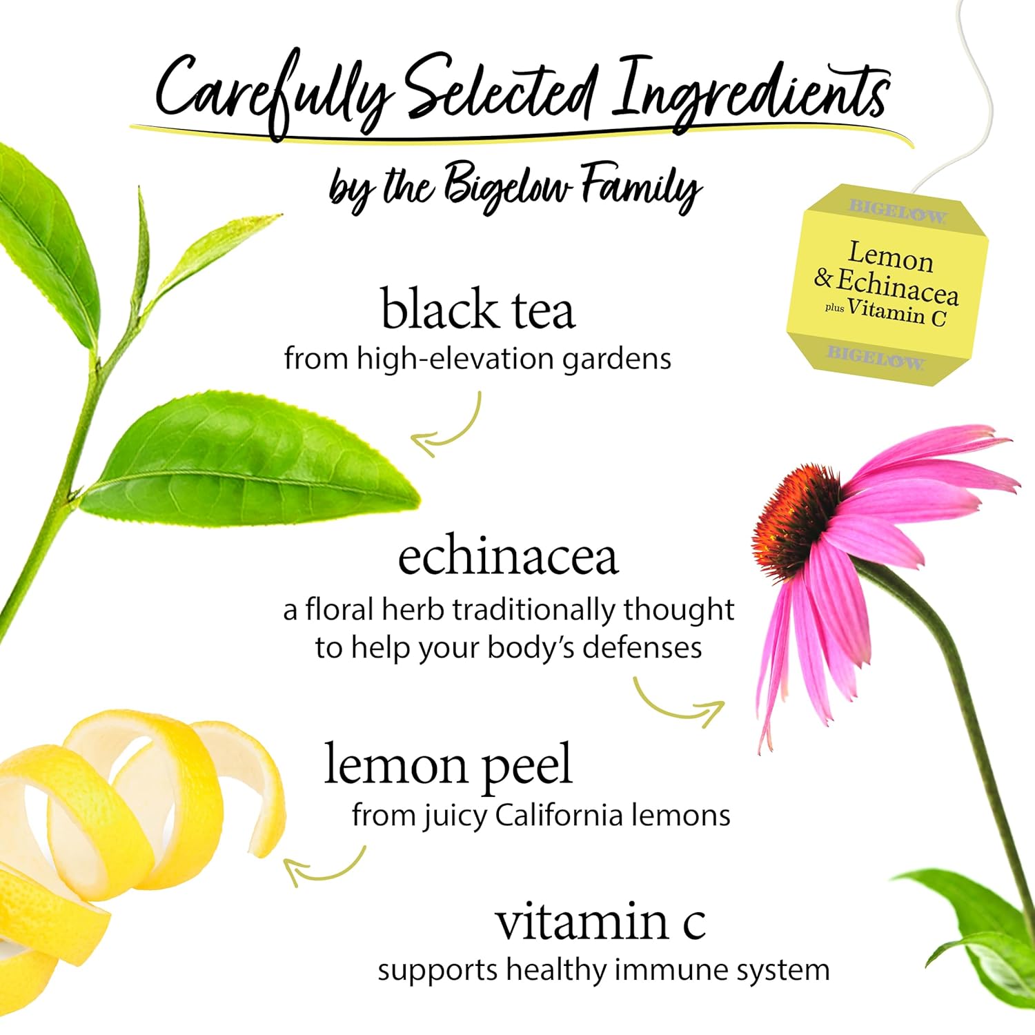 Bigelow Tea Lemon & Echinacea Plus Vitamin C Black Tea, Caffeinated Tea with Lemon and Echinacea, 18 Count Box (Pack of 6), 108 Total Tea Bags