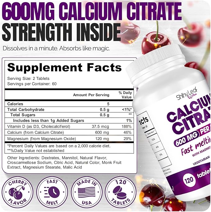 Shiny Leaf Calcium Citrate 600mg with Vitamin D3 & Magnesium - Fast Melting Bariatric Calcium for Post Surgery - Smooth Dissolving, Non-Chalky Alternative to Chewable Chews - Cherry, 120 Ct
