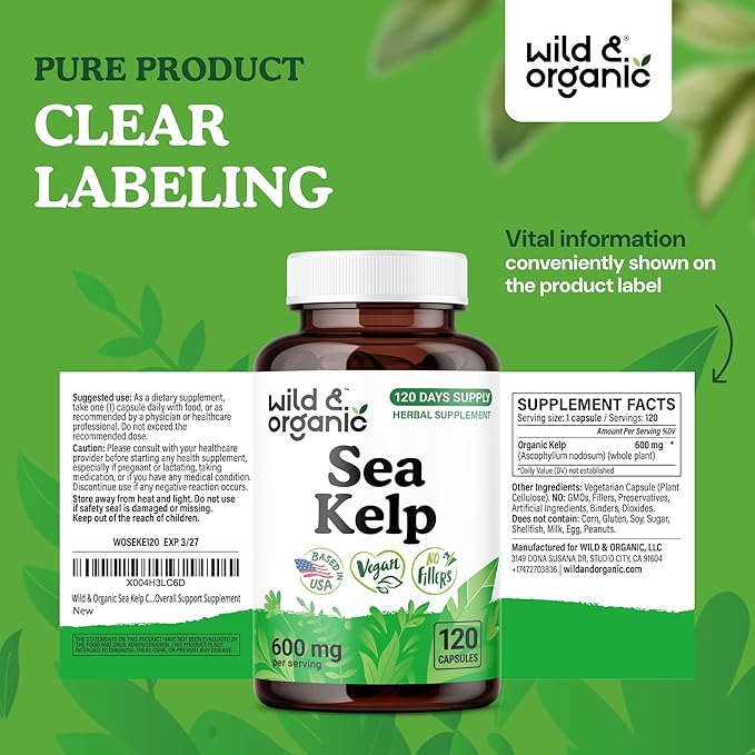 Wild & Organic Sea Kelp Capsules 600 mg - Immune & Overall Support - Sea Kelp Iodine Supplement for Men & Women - Ocean Seaweed Supplement - Vegan, No Fillers, Non-GMO - 120 Count