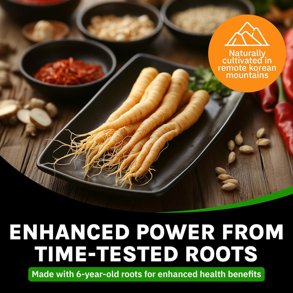 Auragin® Authentic Korean Red Ginseng – Made in Korea – 6 Year Roots – No Additives or Other Ingredients – 100% Red Panax Ginseng in Every Tablet