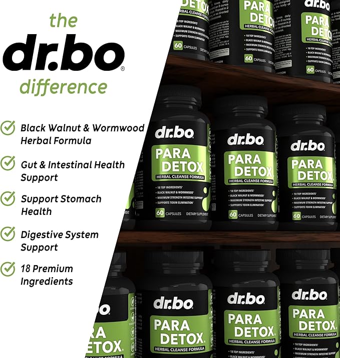 DR. BO para Cleanse Human Detox Guard - Intestinal Pills Support for Humans - Pro Gut Health Intestine Supplement Stomach for Adults - Herbal Wormwood Black Walnut Complex & Cloves - 60 Capsules