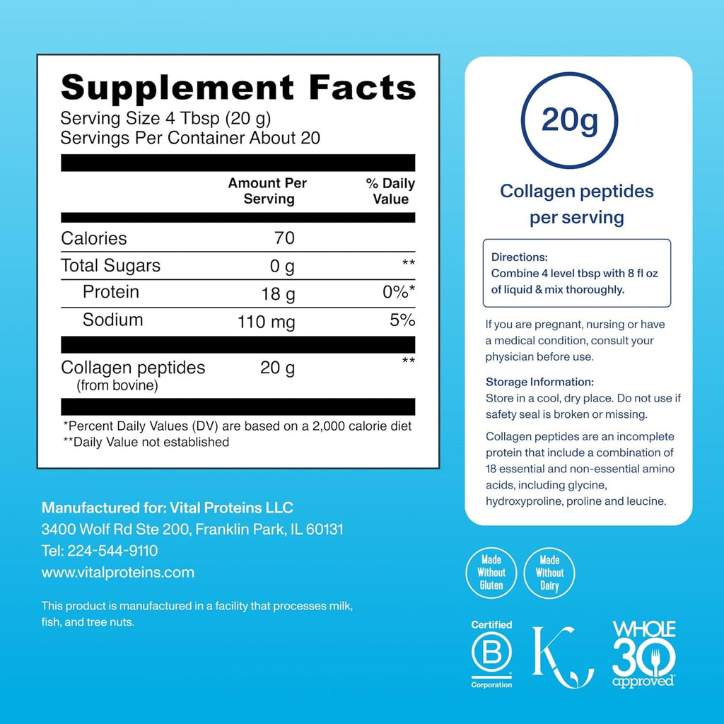 Vital Proteins Collagen Peptides Powder - Grass Fed Collagen Peptides for Hair, Nail, Skin, Bone & Joint Health, Unflavored, 14.3oz