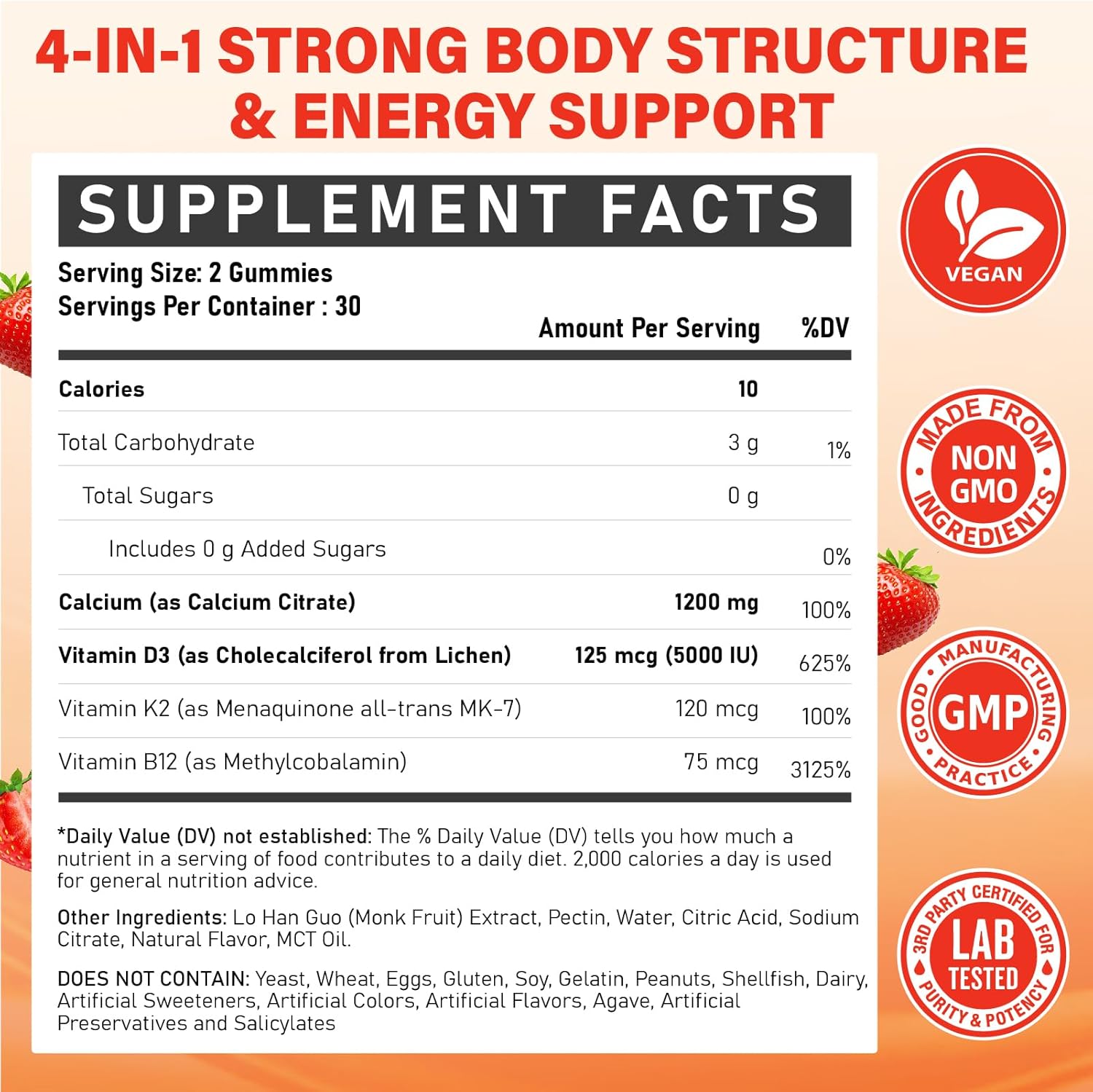 Calcium 1200 mg with Vitamin D3 Supplement for Adults - Calcium Gummies with Vitamin D3 5000IU, K2, B12 for Women Men - Extra Absorption Calcium Citrate - Natural Strawberry Flavor, 120 Gummies