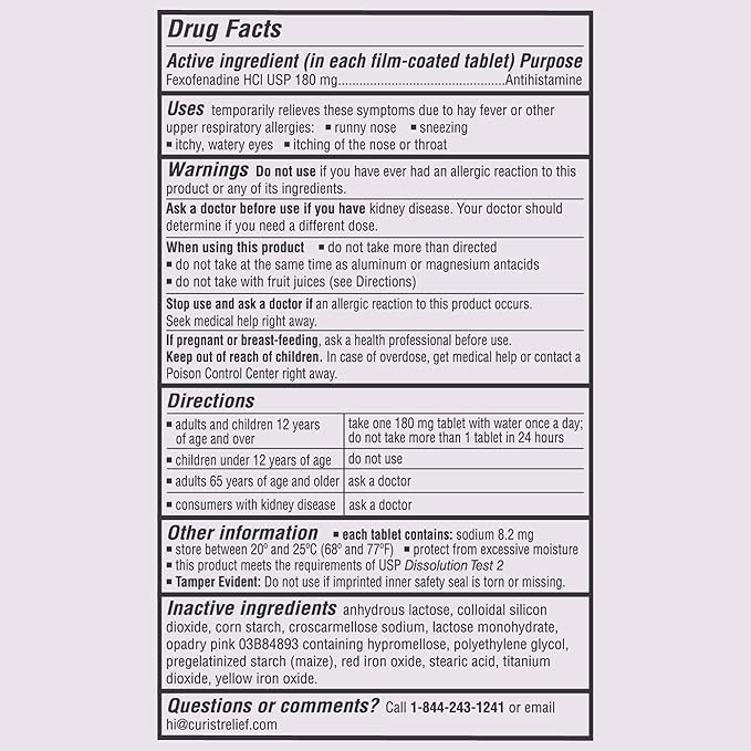 Curist Fexofenadine Hydrochloride 180mg (200 Tablets) Non Drowsy Allergy Medication - 24 Hour All Day Allergy Relief Tablets for Runny Nose, Itchy Eyes and Throat - Hay & Cedar Fever (200 Tablets)