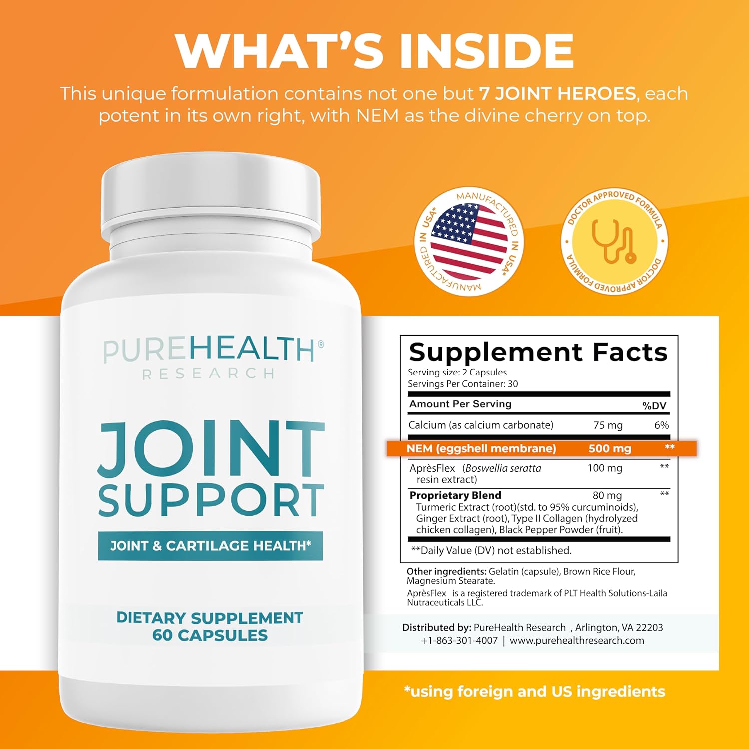 PUREHEALTH RESEARCH Joint Support NEM Eggshell Membrane with Boswellia Extract, Calcium & Turmeric, 60 Capsules