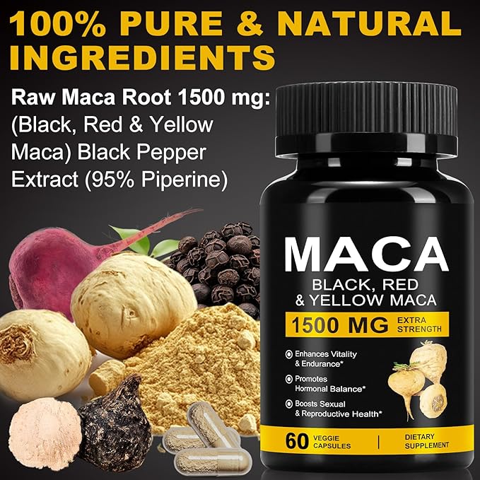 Organic Maca Root Powder Capsules 1500 mg with Black + Red + Yellow Peruvian Maca Root Extract Supplement for Men and Women - 60 Vegan Capsules
