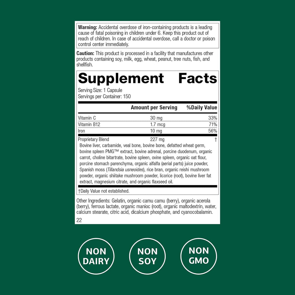 Standard Process Ferrofood - Blood Health Supplement - Enzyme Support with Vitamins B12, C, & Iron - Non-Dairy & Non-Soy - 150 Capsules (40 Servings)