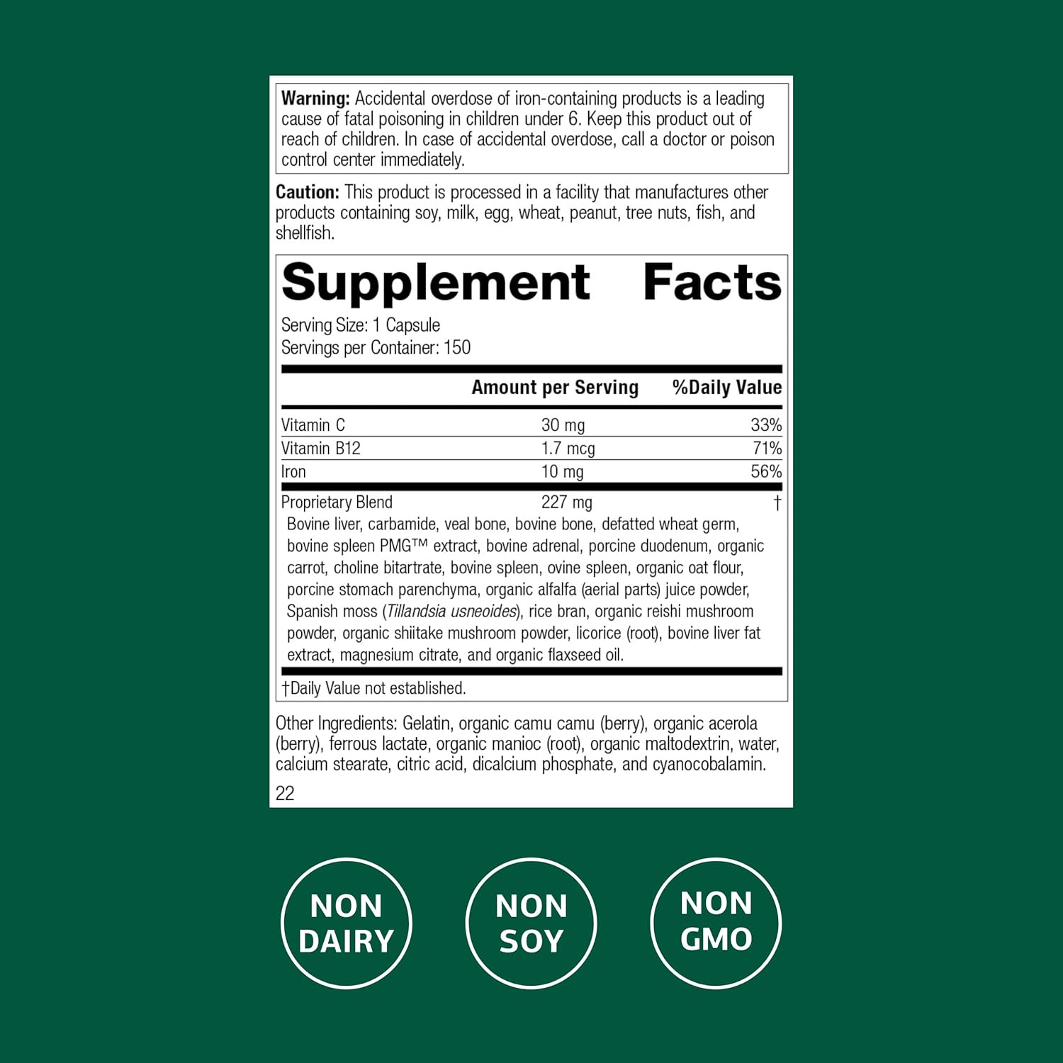 Standard Process Ferrofood - Blood Health Supplement - Enzyme Support with Vitamins B12, C, & Iron - Non-Dairy & Non-Soy - 150 Capsules (40 Servings)