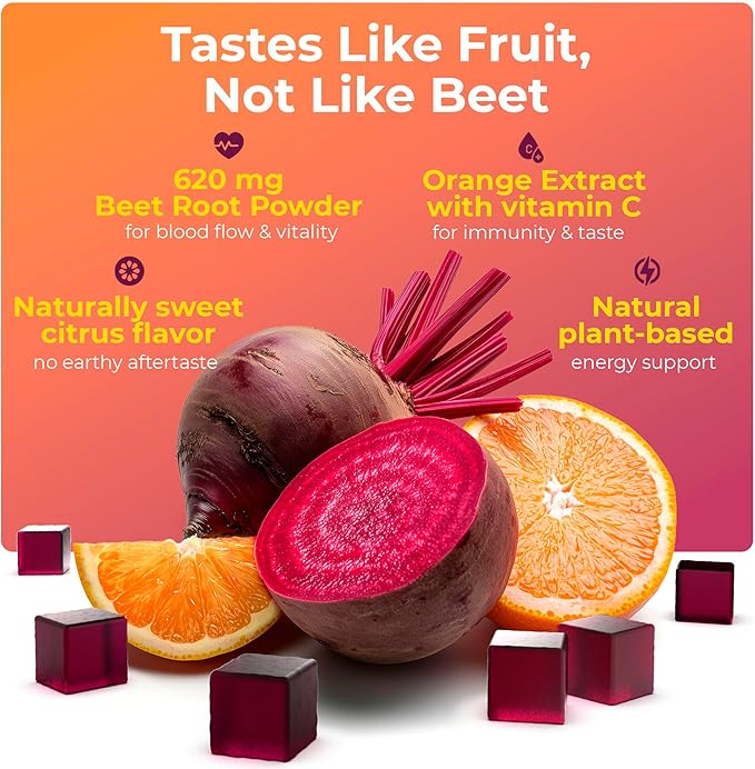 Orange & Beet Root Gummies – Nitric Oxide Booster for Energy & Circulation – Heart Health Beets Chews with Orange – Vegan Beetroot Supplement for Cardiovascular Support – Tasty Power Beet Chews