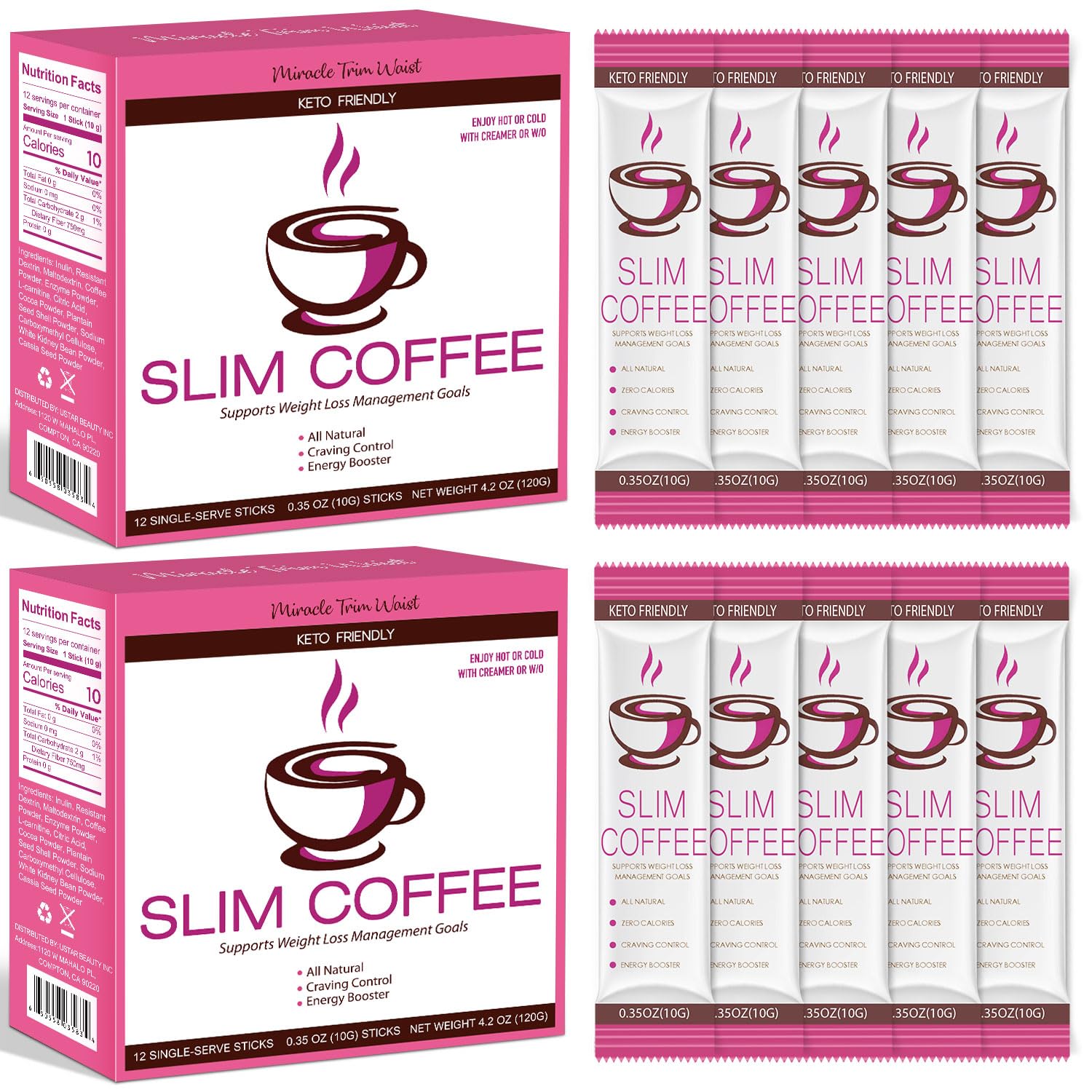 Skinny Coffee Green Coffee Bean Extract Powder | USTAR Slim Coffee with 12 Natural Health Blends Gluten-Free Instant Coffee for Energy & Metabolism, 120g (12 Sticks) (24 Count, Chocolate)