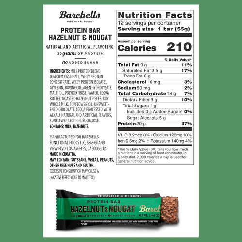 Barebells Protein Bars Hazelnut & Nougat - 12 Count, 1.9oz Bars - Protein Snacks with 20g of High Protein - Chocolate Protein Bar with 1g of Total Sugars - On The Go Protein Snack & Breakfast Bars