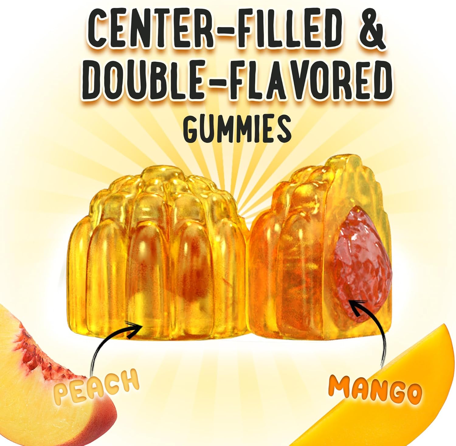 Center-Filled Bones & Growth Support Gummies - Supplement Vitamins for Kids & Teens with Calcium, Astragalus, D3, K2 & Omithine HCI - Peach & Mango - 60 Count