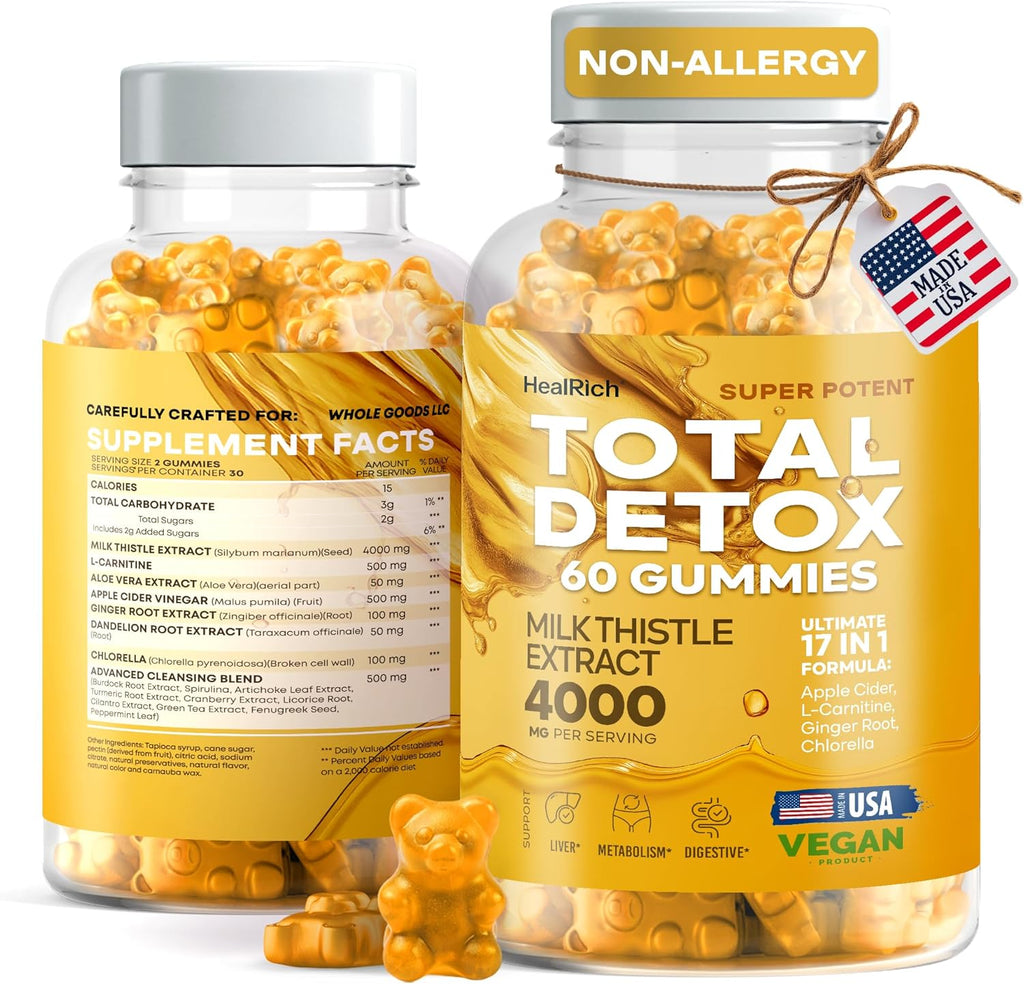 Total Detox Gummies - 4000MG Milk Thistle Extract w L-Carnitine, Apple Cider Vinegar & Ginger Root - Supplement for Liver Cleanse, Support & Repair - Vegan Supplements for Kids & Adults - Made in USA