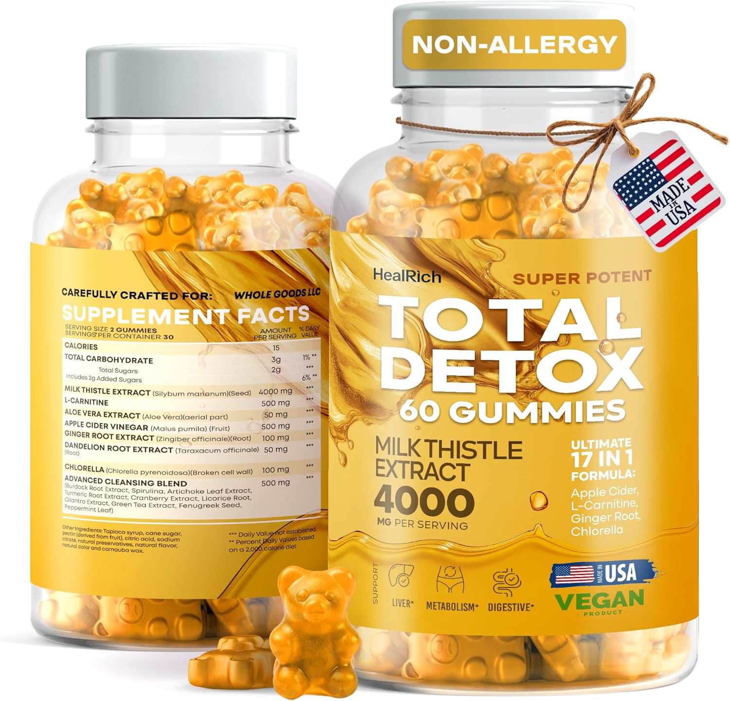 Total Detox Gummies - 4000MG Milk Thistle Extract w L-Carnitine, Apple Cider Vinegar & Ginger Root - Supplement for Liver Cleanse, Support & Repair - Vegan Supplements for Kids & Adults - Made in USA