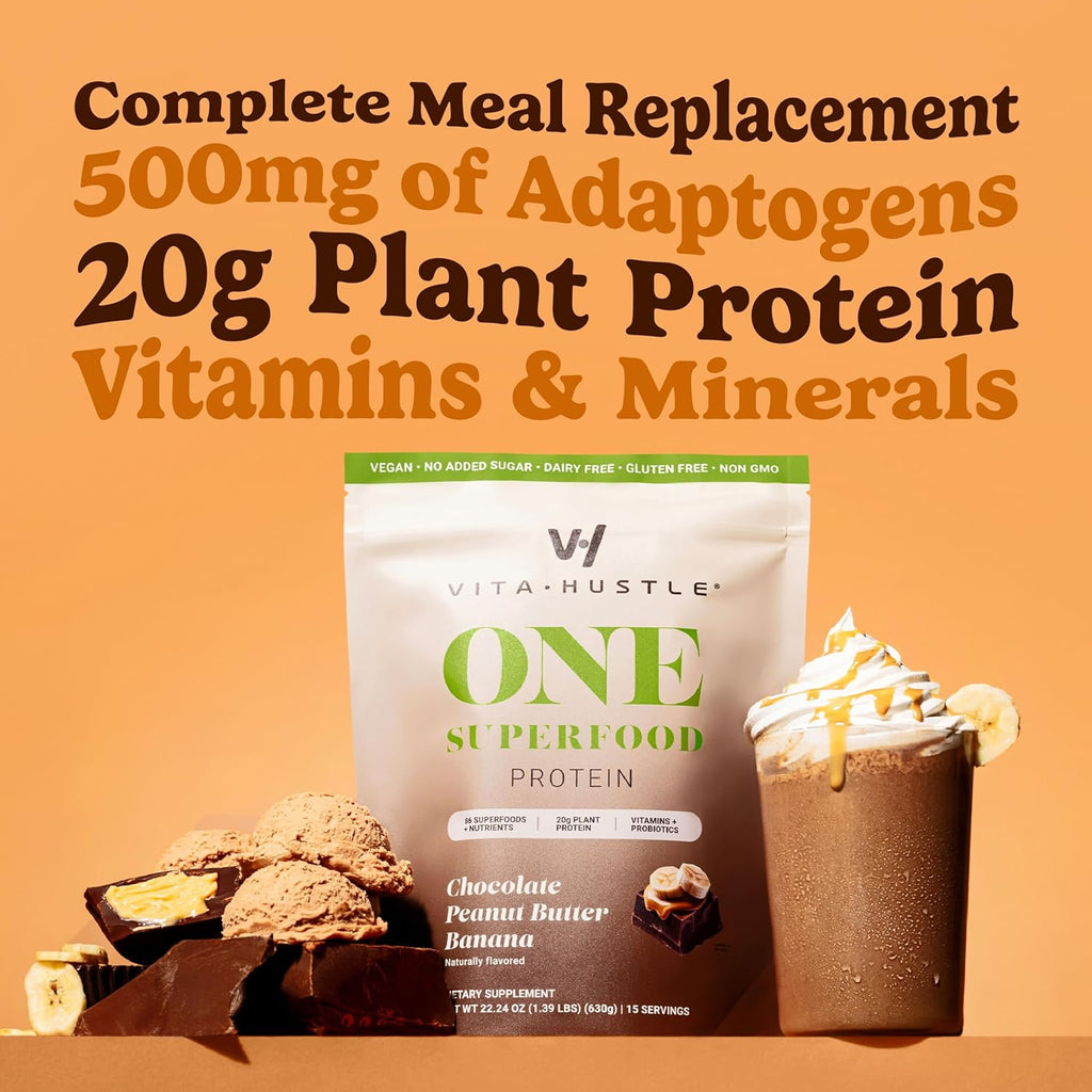 VitaHustle All-in-One Nutrition Shake, Choc Peanut Butter Banana - Plant Based Protein Powder by Kevin Hart – Vegan Meal Replacement Shake with KSM66 Ashwagandha & 86+ Superfoods - Organic Meal Replacement Powder