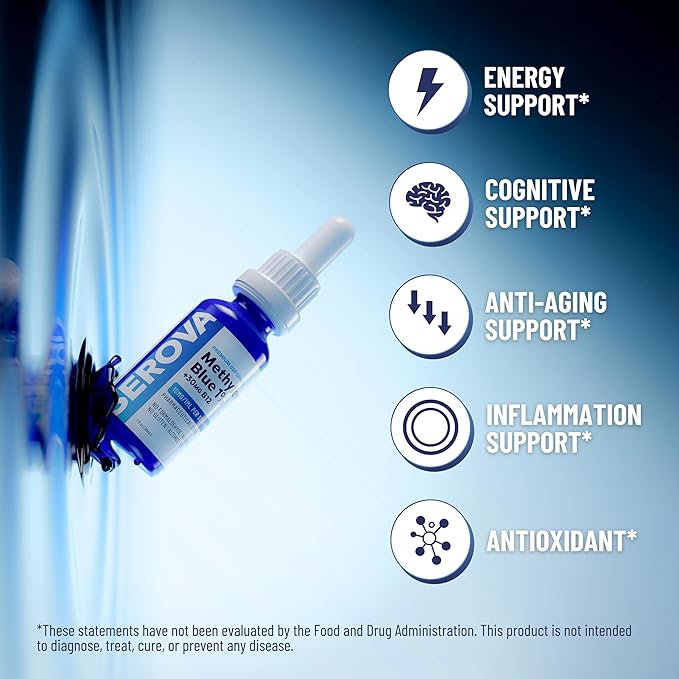 Serova Wellness Methylene Blue 1% USP Grade - Support Supplement for Focus, Energy & Mental Clarity - Antioxidant Support - Made in USA, 1oz
