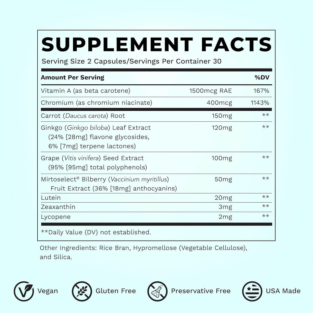 Visibili-T - Vitamin Supplement for Eye Health & Vision Support - Carrot Root, Chromium, Bilberry, Ginkgo Biloba, Grape Seed Extract, Lycopene, Vitamin A, Lutein & Zeaxanthin - 60 Capsules