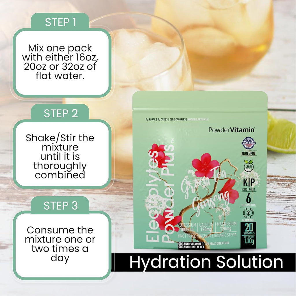 PowderVitamin Electrolytes Powder Plus (20 Servings) Green Tea Ginseng Electrolyte Powder Keto, Sugar Free, Pink Himalayan Salt,1000mg Potassium,120mg Calcium,120mg Magnesium, Hydration Powder