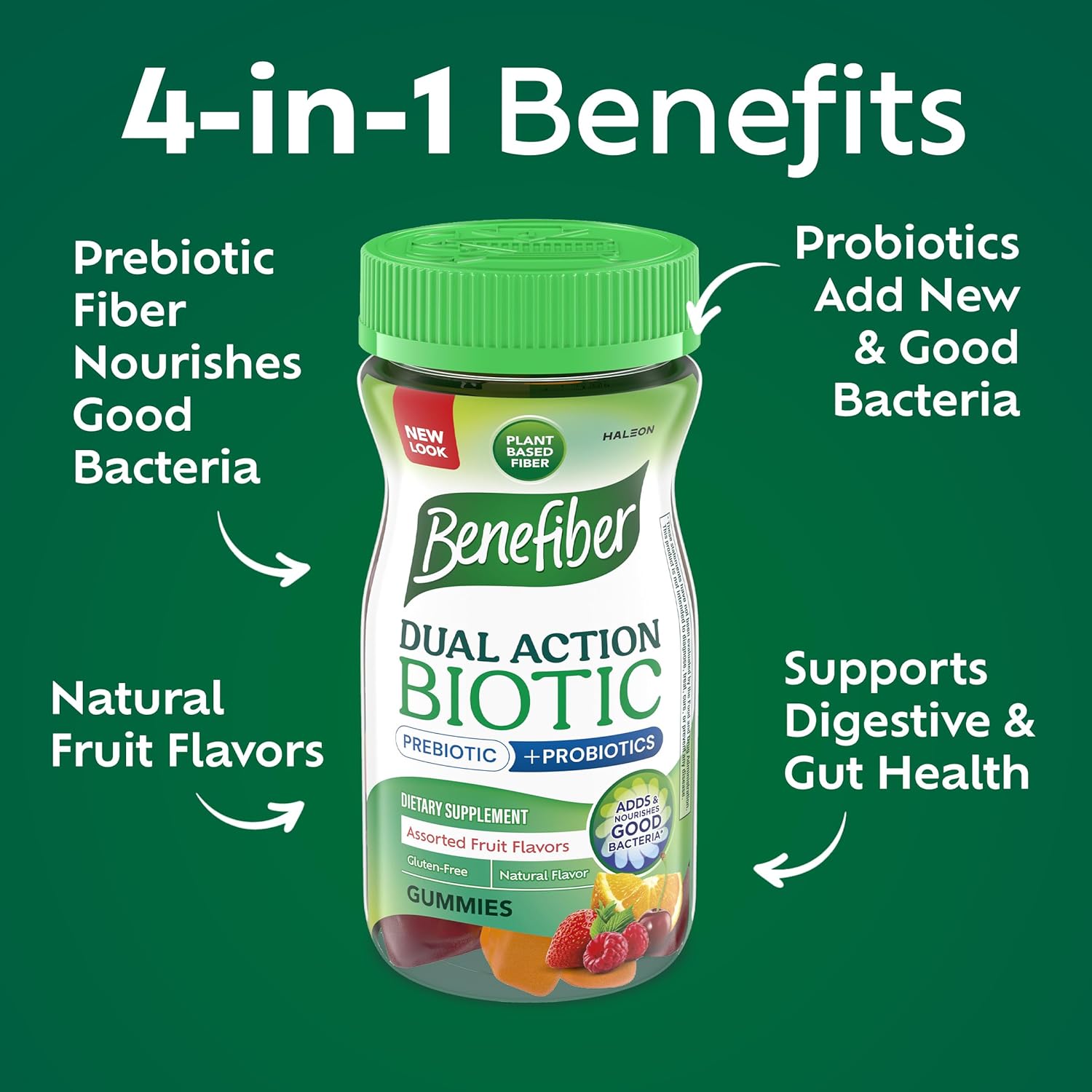 Benefiber Prebiotic Fiber Supplement Gummies with Probiotics for Digestive Health, Assorted Fruit Flavors - 50 Count