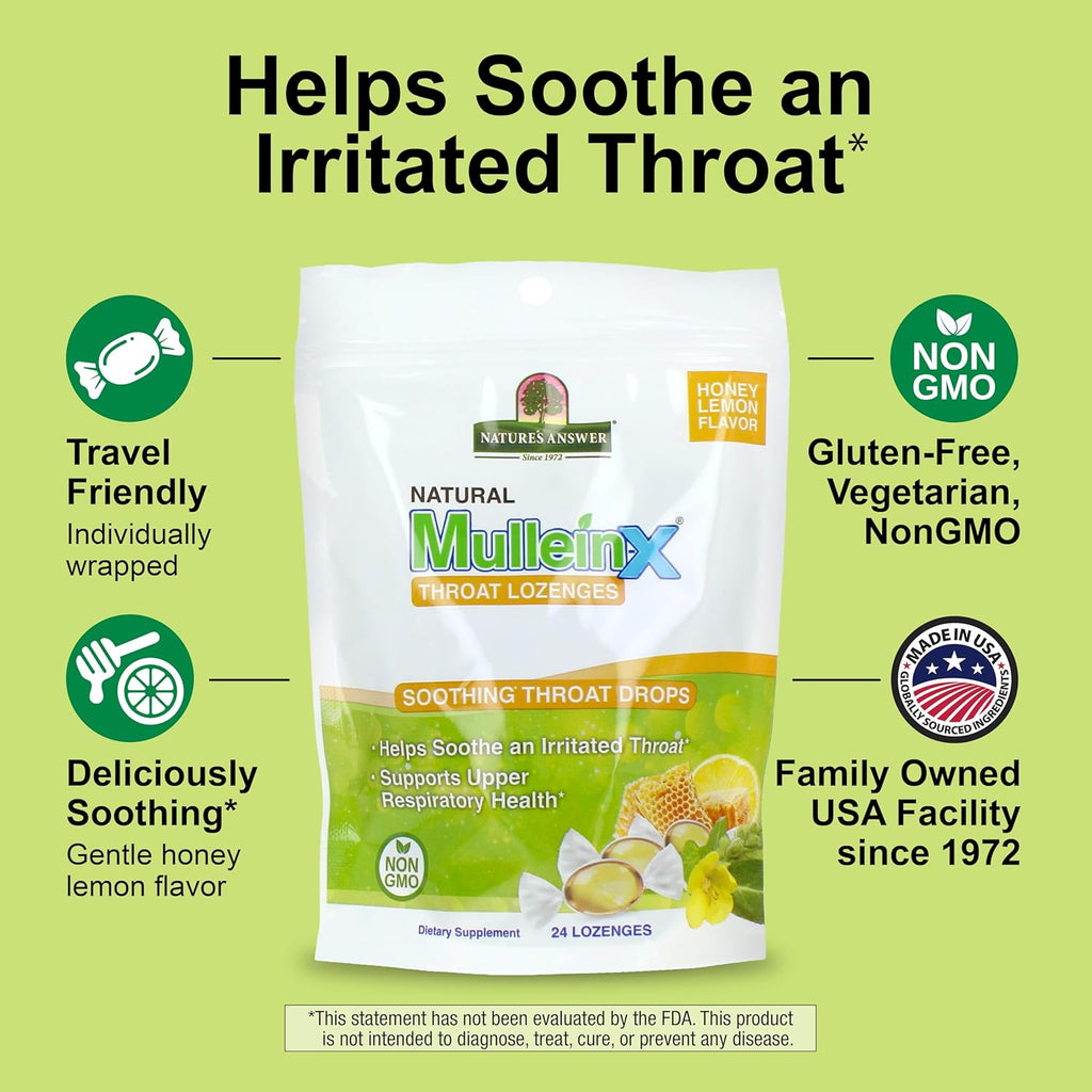 Nature's Answer Mullein‑X Respiratory Soothing Throat Lozenges 24‑Count – Alcohol‑Free Herbal Cough Support with Mullein, Marshmallow, English Ivy & Honey – Non‑GMO, Gluten‑Free