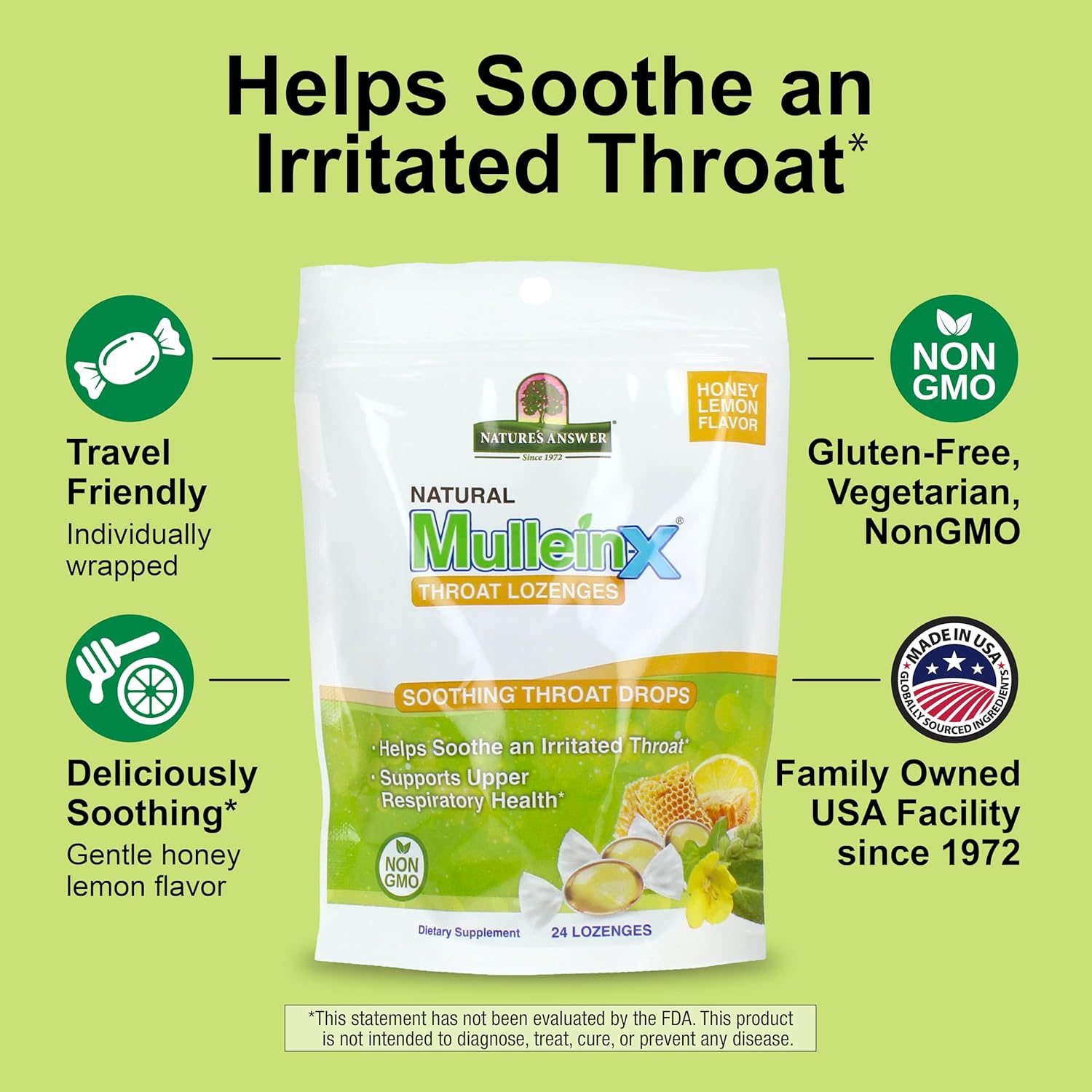 Nature's Answer Mullein‑X Respiratory Soothing Throat Lozenges 24‑Count – Alcohol‑Free Herbal Cough Support with Mullein, Marshmallow, English Ivy & Honey – Non‑GMO, Gluten‑Free
