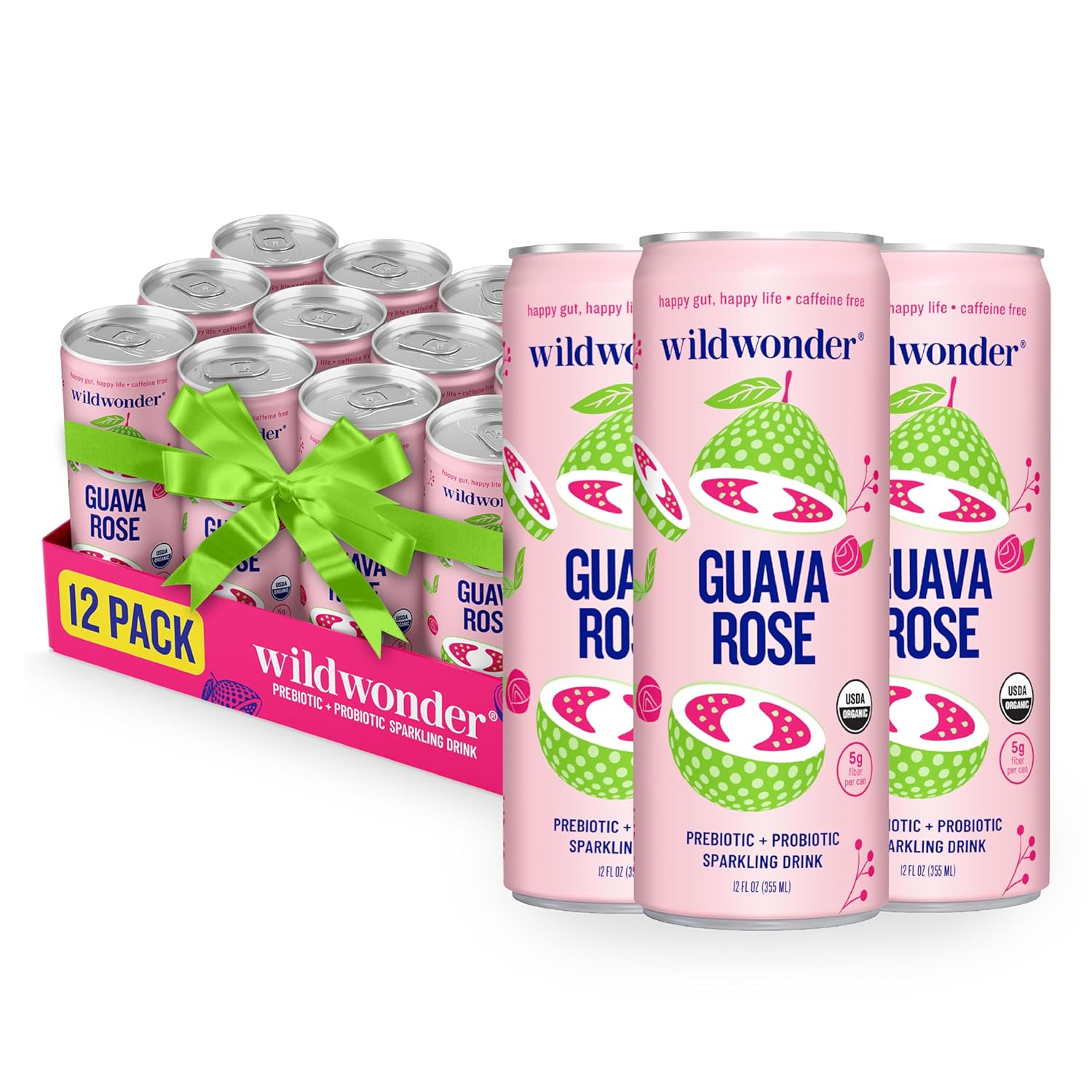 wildwonder Sparkling Probiotic Drink 12pk, For Gut Health & Immune Support, Guava Rose, 5g Prebiotic Fiber, Live Probiotics, Organic, Vegan, Low Sugar, 12 Pack, 12oz Can, As Seen on Shark Tank