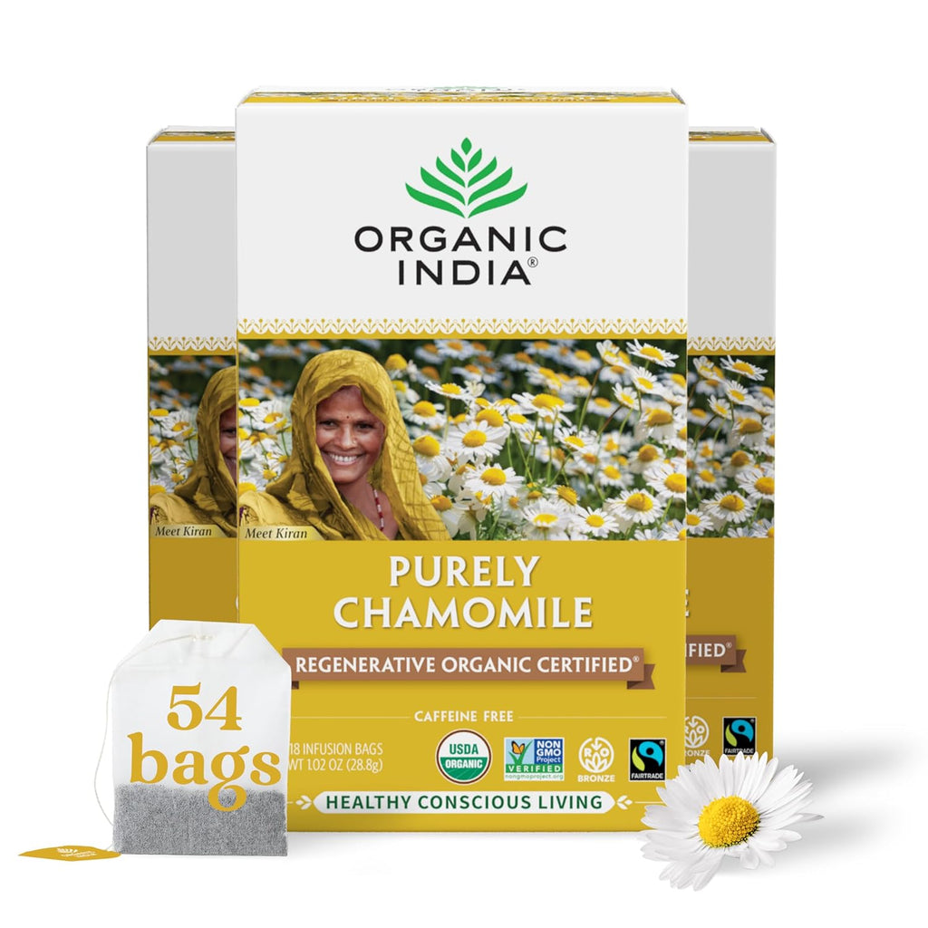 Organic India Purely Chamomile Tea- Regenerative Organic Chamomile Flowers, Caffeine Free, Calming & Relaxing Herbal Tea, Natural Support for Sleep & Relaxation- 18 Tea Bags, Pack of 3